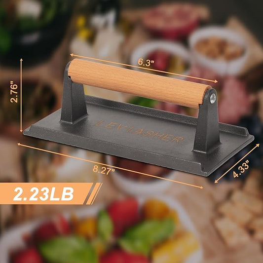 2.2 lb Heavy Duty Cast Iron Grill Press, 7.8X3.9 inch Rectangle Bottom Granular Burger Press with Wood Handle for Blackstone, Chef, Camp, Panini, Vegetable, Bacon, Sandwich, BBQ