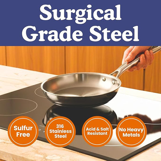 Ziruma Non-Toxic 8" Surgical Grade Stainless Steel Frying Pan, Fully Clad for Fast & Even Heat, PFOA-Free, Induction Compatible, Oven Safe to 500°F