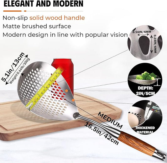 MARTE 16.5in 304 Stainless Steel Skimmer Slotted Spoon - Pasta Spider Strainer Ladle for Cooking and Frying - Kitchen Metal Scoop Colander With Heat Resistant Wooden Handle