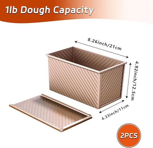 2 Pack Pullman Loaf Pan with Lid, 1 lb Dough Capacity Non-Stick Bakeware for Baking Bread, Carbon Steel Bread Toast Box with Cover, Homemade Sandwich Toast, Gold