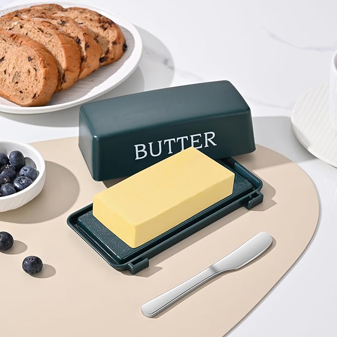 Butter Tray With Lid And Stainless Steel Knife,Large BPA Free Plastic Butter Dishes With Cover,Green Butter Storage Container Keeper