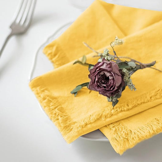 Handmade Cloth Napkins 100% Cotton Napkins with Fringe,Delicate Handmade Cloth Napkins for Dinners, Parties, Weddings and More,(18 x 18 Inch Set of 4) - Yellow
