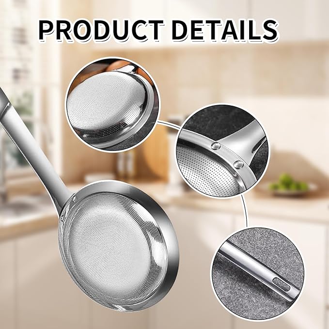 Fine Mesh Stainless Steel Colander - 2024 Upgrade Extra Fine Strainer With Handle, Sieve Spoon for Oil Filter, Food Strainer Kitchen Gadget (Large)