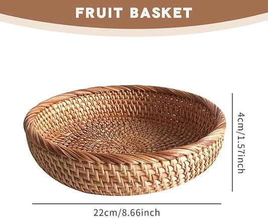 9 Inch Rattan Basket Tray Woven Round Decorative Wicker Tray Stackable for Kitchen Tabletop Fruit Candy Bread
