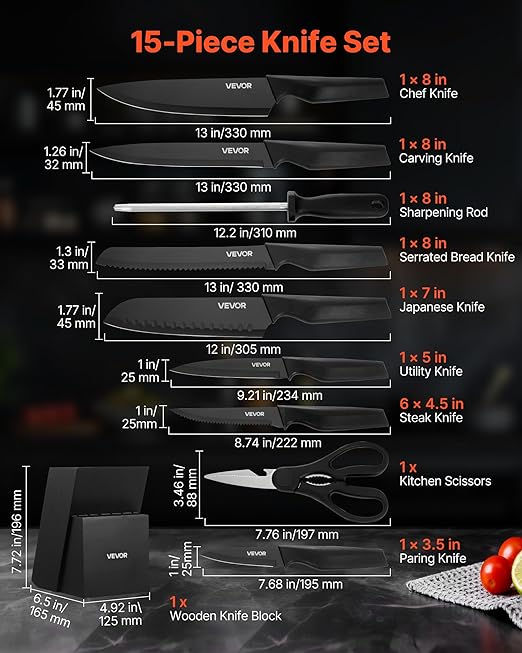 VEVOR Kitchen Knife Set with Block and Sharpener, 15 Piece German High Carbon Stainless Steel Knife Set, Kitchen Cutlery with PP Ergonomic Handle, Sharpening Rod and Wooden Block, for Home Cooks