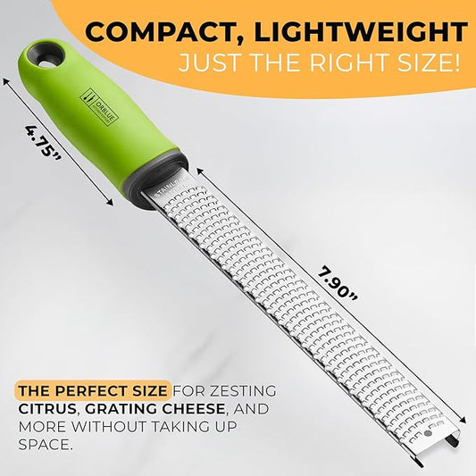 Orblue Lemon Zester & Cheese Grater - Premium Citrus Zester, Kitchen Grater for Parmesan, Chocolate, Fruits, Vegetables, Ginger, Garlic, Nutmeg - Stainless Steel Blades with Protective Cover, Green