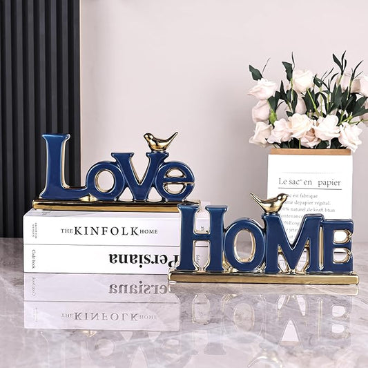 Love Sign Decor,Blue and Gold Room Decor Aesthetic, Knick Knack Shelf,Gold Bird Decor, Boho Bookshelf,Abstract Gold Statue,for Living Room,Bedroom, Contemporary Tv Stand Set of 2 (2, Blue)