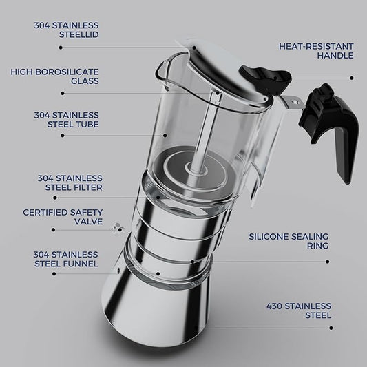 SIXAQUAE Stovetop Espresso Maker, Crystal Glass-top & Stainless Steel Espresso Moka Pot,Classic Italian coffee maker(360ml)