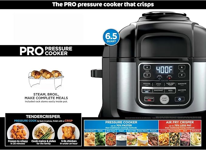 Ninja Foodi 10-in-1 Pressure Cooker & Air Fryer Combo, 6.5 Qt Stainless Steel Multi Cooker – Slow Cook, Steam, Bake, Roast, Dehydrate, Sear – Perfect for Holiday Meals & Family Gifts