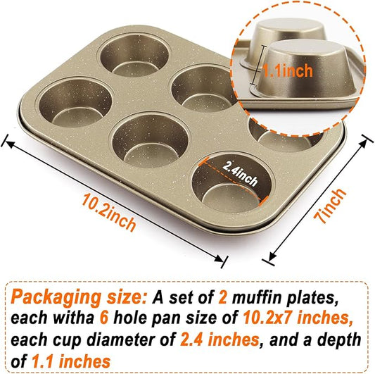 DRAONGYE 2 Packs Round Muffin Baking Pan, Premium Steel Muffin Pan for Baking, Nonstick Cupcake Tin Cheesecake Pans, Bakeware Muffin Top Pan (6 Cups, Golden)