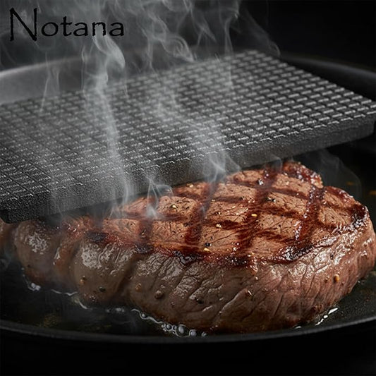Cast Iron Steak Weight Press for Griddle, Grill and Pan Cooking - Heavy Cast Iron Grill Press with Wooden Handle - Steak Press Weight for Even Searing of Meat, Burgers and Bacon 8" x 4"