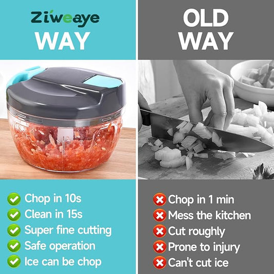 Ziweaye Manual Food Processor Vegetable Chopper, Portable Hand Pull String Garlic Mincer Onion Cutter for Veggies, Ginger, Fruits, Nuts, Herbs, etc., 500ml,(Gray-blue)