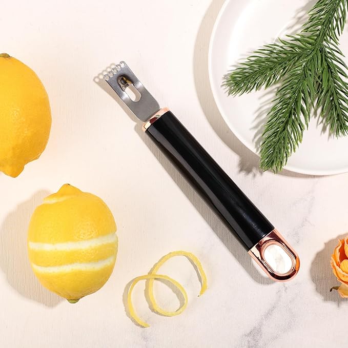 Stainless Steel Channel Knife, Multifunctional Lemon Zester Fruit Peeler with Hanging Loop Lemon Twist Peeler Fruit Peeler Citrus Zester Tool for Cocktail Kitchen Home Bar (Black Gold)