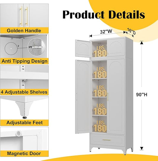 Kitchen Pantry Cabinet,90" Storage Cabinets with Doors and Shelves,Metal Pantry Cabinet with Drawers,White Kitchen Cupboard for Livingroom,Pantry, Bathroom