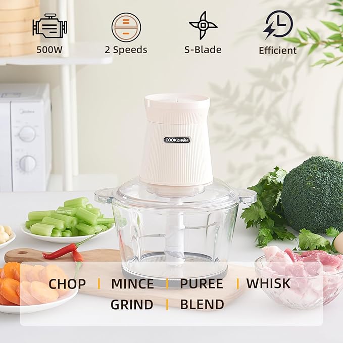 COOKZHOM 500W Food Processor, White Meat Grinder with Glass Bowl 8 Cup, Electric Food Chopper with 2 Sharp Blade Sets for Meat, Fruits, Vegetables, Baby Food, Nuts, 2 Speed