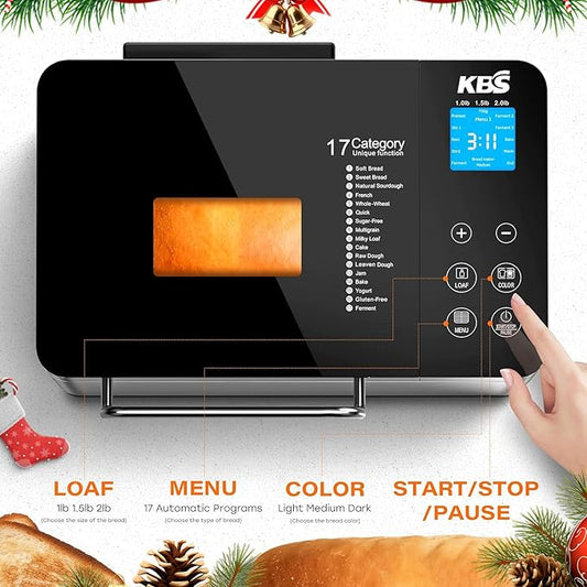 KBS Pro 710W Bread Maker, 2LB 17-in-1 Automatic Bread Machine with Healthy Ceramic Pan, Nut Dispenser, Tempered Glass Touch Panel, Stainless Steel Housing,3 Crust Colors, 15H Timer&Keep-Warm, Recipe