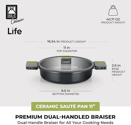 BRA COOKWARE Life Ceramic Nonstick Sauté Pan w/Glass Lid | 11 Inch 2.9 Quart Recycled Aluminum Deep Pan | Dual-Handle Braiser | Ceramic Non-Stick Coating | PFOA Free | All Cooktops & Oven Safe