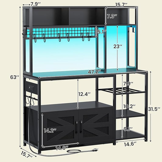 Itaar 47.2 Inch Bakers Rack with Power Outlet, Microwave Stand with Storage, Farmhouse Coffee Bar Cabinet Station with Wine Rack, Iron Mesh and 8-S Hooks (Black)