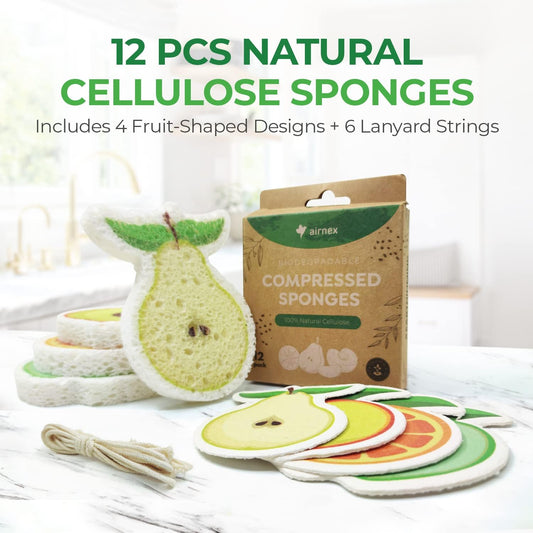 Compressed Cellulose Sponges - 12 Pack Fruit Shaped Natural Pop Up Dish Sponge for Kitchen - Compostable, Plant-Based, Non Scratch Cleaning Sponges Bulk for Dishes & Household Cleaning