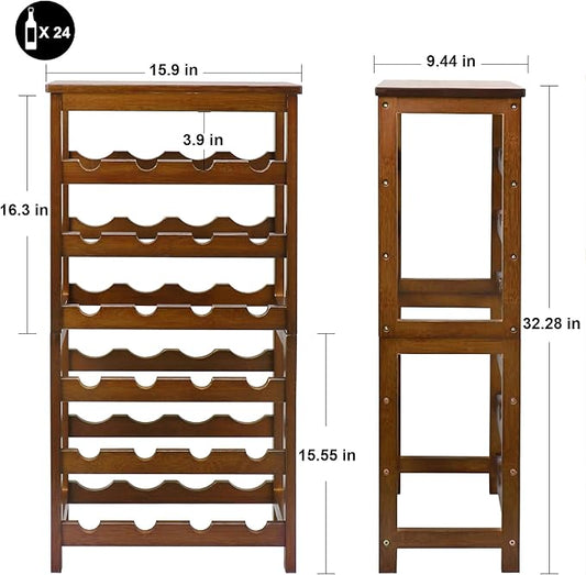 Wine Rack Free Standing Floor, 6-Tier 24 Bottles Display Wine Storage Shelves with Table Top, Easy-Assembly Freestanding Bamboo Wine Racks for Kitchen Dining Room Bar, Walnut