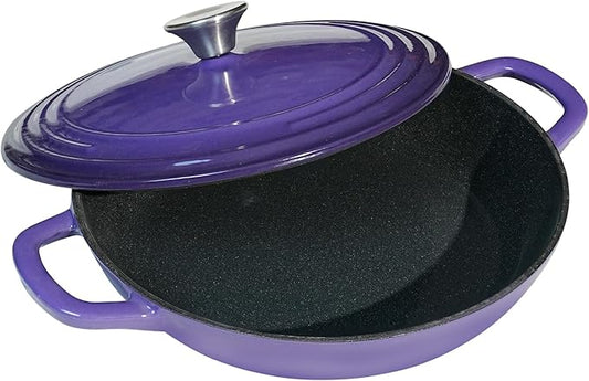 Flavehc Braiser Enameled Cast Iron Braiser 2.25 qt Braiser Pan with Lid Purple Shallow Cast Iron Casserole Braiser Pan with Handels