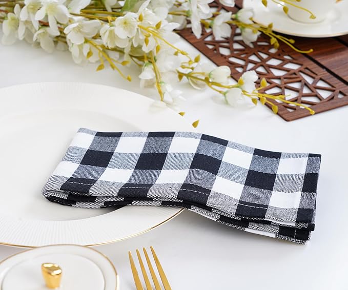Blue Needles Gingham Buffalo Plaid Cloth Napkins 100% Cotton Set of 12 Dinner Table Napkins 18x18 inch Soft, Reusable, Washable Perfect for Wedding Parties & Everyday Use - Black and White
