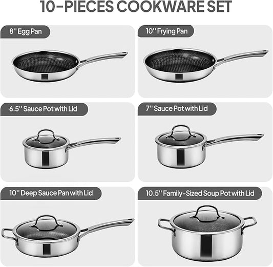 Bonnlo 10 Pieces Cookware Set, 3-Ply Stainless Steel Skillets Set, Non-Toxic Kitchen Set, Oven & Dishwasher Safe, Induction Cooking Set, PFOA & PTFE Free, Compatible for All Cooktops