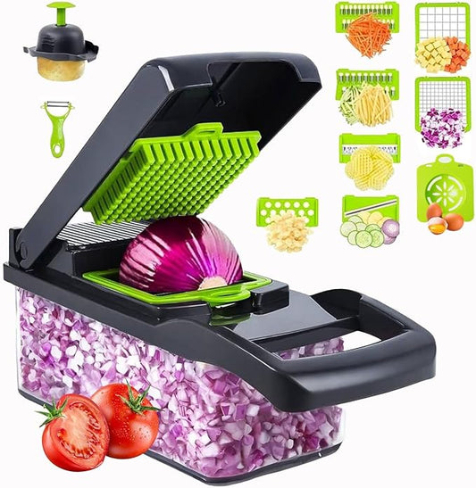 16 IN 1 VEGETABLE CHOPPER AND SLICER WITH CONTAINER -MULTI- FUNCTIONAL MANDOLINE CUTTER FOR ONIONS, FRUITS &CHEESE - KITCHEN GADGETS WITH INTERCHANGEABLE BLADES &PEELER.