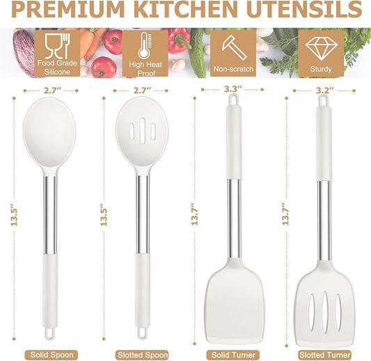 TeamFar Kitchen Utensils, 4 PCS Silicone Cooking Utensils with Stainless Steel Handle, for Nonstick Cookware Frying/Flipping/Draining, Non-toxic & Heat-proof, Non-scratch & Dishwasher Safe