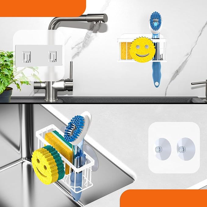 Sponge Holder Smiley Face, Kitchen Organizer with 2 Suction Cups/1 Adhesive Strips,Designed for Sponge,Soap,Dish Brush,Scrubber - White