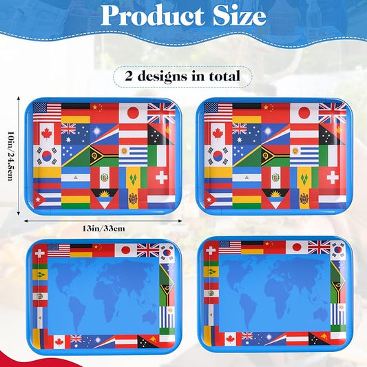 Vesici 4 Pack World Flag Serving Trays 13x10 Melamine Platters for Around the World Party Decorations, Rectangular International Map Dishes for Multicultural Global Theme Appetizers, Missionary Events