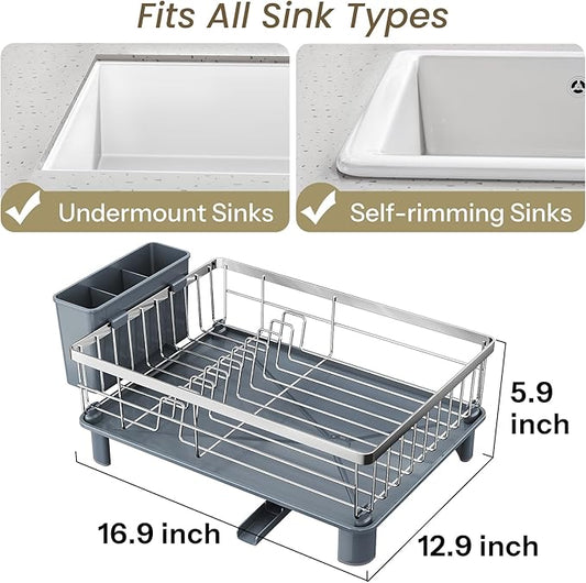 SNTD Dish Drying Rack - Small Dish Rack for Kitchen Counter, Stainless Steel Dish Drainer with Utensil Holder and Drainboard, 12.9" W x 16.9" L (Silver)