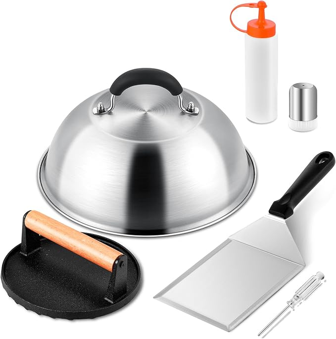 Leonyo Smashed Burger Kit, 9" Cheese Melting Dome, 7" Burger Press, Griddle Spatula, 2Pcs Squeeze Squirt Bottles, Spice Dredge Shaker, Griddle Accessories Kit for Flat Top Grill Cooking Indoor Outdoor