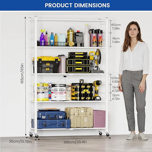 ALANNG 40" W Foldable 5-Tier Storage Shelves with Wheels, Adjustable & Removable Metal Rack, Heavy Duty Rolling Organizer for Kitchen, Garage, Closet, Pantry, and Office (White,1 Pack)
