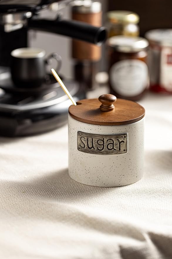 LYEOBOH Ceramic Sugar Bowl with Lid and Spoon, 15 OZ Sugar Holder for Coffee Bar Accessories, Sugar Jar for Countertop, Azucarera Farmhouse Home and Kitchen, White