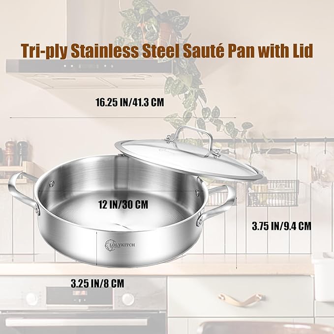 LOLYKITCH 6 QT Tri-Ply Stainless Steel Sauté Pan with Lid,12 Inch Induction Cooking Pot,Dishwasher and Oven Safe