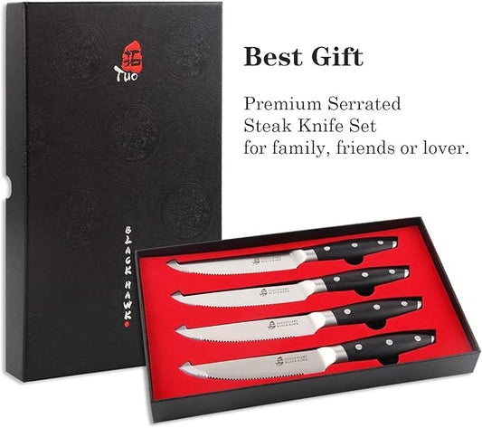 TUO Serrated Steak Knife - 5 inch Professional Kitchen Steak Knife Set 4 - Table Dinner Knife - German HC Stainless Steel Non Slip Pakkawood Handle - BLACK HAWK SERIES Including Gift Box