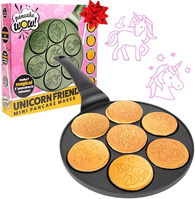 Unicorn Mini Pancake Pan- Make 7 Unique Flapjack Unicorns, Nonstick Pan Cake Maker Griddle for Breakfast Fun & Easy Cleanup, Girls Magical Treat, Dessert or Gift for Kid Party- Easy to Use Long Handle