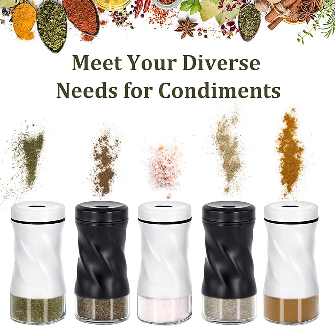 Farmhouse Salt and Pepper Shakers with Adjustable Pour Holes, Refillable Glass Salt Shaker with Stainless Steel Lids by NEODACO, Ideal for Himalayan, Kosher, and Black Pepper (Black & White)