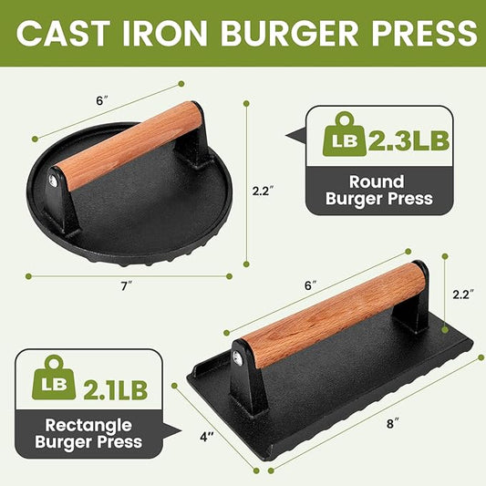 Whaleme Blackstone Burger Press Set - 7" Round Smash Burger Press & 8"x4" Rectangle Cast Iron Grill Press with Wooden Handle - Smasher is Perfect for Blackstone Griddle, Pitboss Weber Griddle Grills