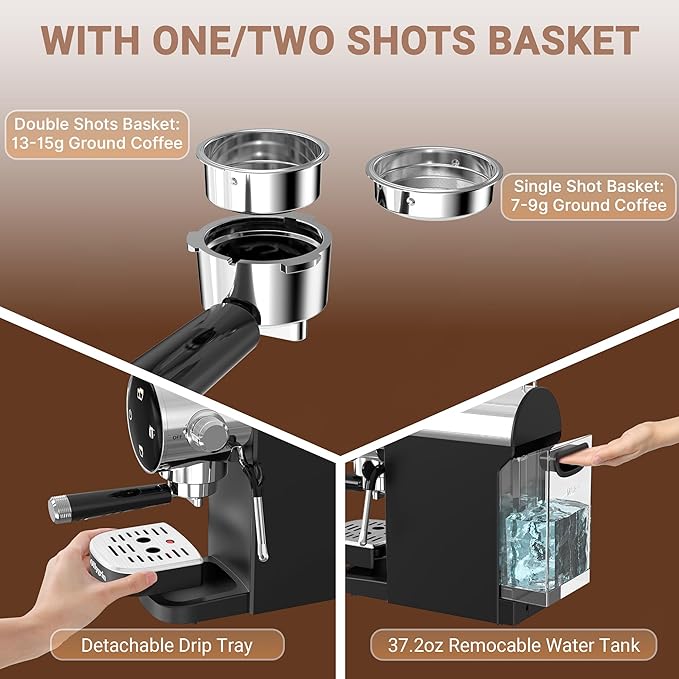 Ollygrin 20 Bar Espresso Machine, Adjustable Espresso Machine with Milk Frother, Compact Espresso Maker with Touch Panel, Removable Water Tank & Drip Tray, Cup Warmer, Pre-Infusion for Rich Crema