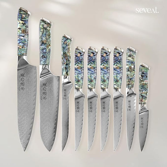 Damascus Kitchen Knife Set, 67-Layer Damascus Steel, Professional Chef Knives Set for Kitchen, Ergonomic Wood & Resin Handle (Blue, 9 pieces with Wooden Block)