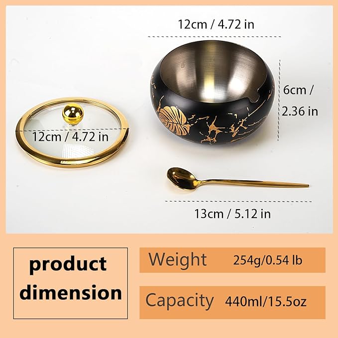15OZ Sugar Bowl with Glass Lid and Spoon, Sugar Container of Coffee Bar Accessories, Stainless Steel Jar for Salt, Tea, Brown Sugar Cube, Dishwasher Safe, Kitchen Decor Countertop Storage, Black