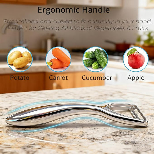 Vegetable Peeler with Ergonomic Handle, Premium 18/8 Stainless Steel Potato Peeler, Ultra Sharp Serrated Blade Peeler for Veggie, Carrot, Apple, and Cucumber, Rust-Resistant, Dishwasher Safe