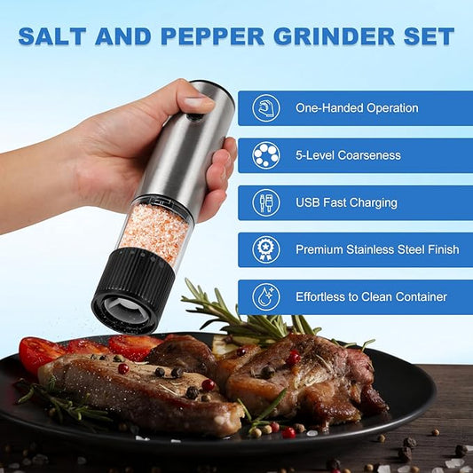 2 Pack Electric Salt and Pepper Grinder Set, Salt and Pepper Shakers with LED Light, USB C Dual Charging Base, Adjustable Coarseness, One-Hand Operation, Large Capacity for Kitchen, Dining & BBQ