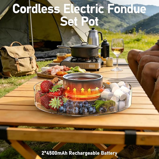 FEPPO Cordless Electric Fondue Pot Set with Mood Light, 2*4500mAh Rechargeable Battery Powered, 7 Game Cards & Detachable Taco Serving Tray, Melted Chocolate Cheese for Outdoor Indoor Parties Camping