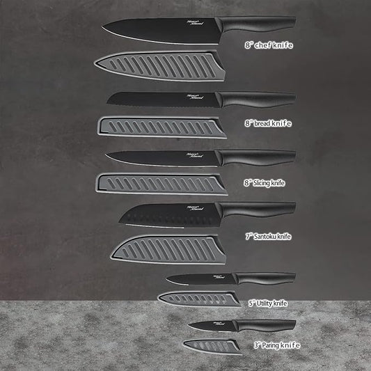 Kitchen Knife Set, KYA38 12-Piece Kitchen Knives Set with Covers, Marco Almond® 6 Knives with 6 Blade Guards, Stainless Steel Cooking Knives Set for Kitchen, Black