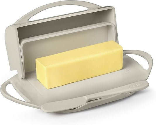 Butterie Flip-Top Butter Dish with Lid & Matching Knife, Holds 2 Sticks/European Butter, No-Mess Butter Holder, Shatterproof, Dishwasher Safe, Ivory