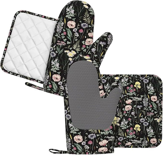 Black Floral Silicone Oven Mitts and Pot Holders Sets Dark Wildflower Rustic Flower Blossom Farmhouse Leaves Botanical Kitchen Mitts Potholder Kitchen Accessories for Cooking Baking BBQ