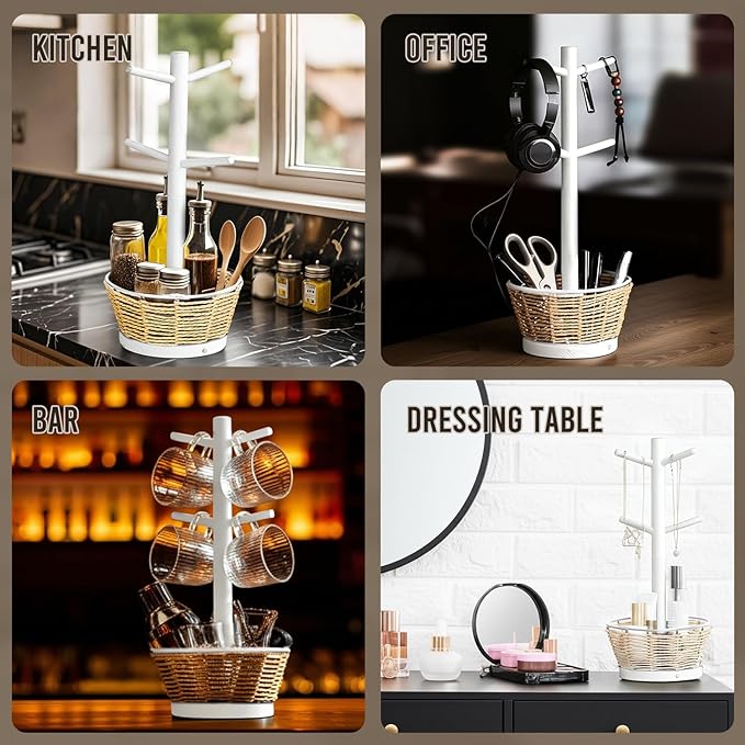 Wood Mug Holder Tree with Woven Basket, 4 Hooks Coffee Mug Holder, Countertop Mug Tree for Kitchen Counter Cabinet Coffee Bar Accessories Cup Display Organizer Hanger(White)